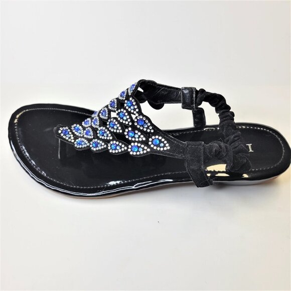 WOMENS Size 9 Blue Silver Black Sandals Peacock Motif Slippers Flats Shoes - NEW - Picture 3 of 13
